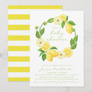 Yellow Lemon Citrus Stripes Unisex Baby Shower Invitation