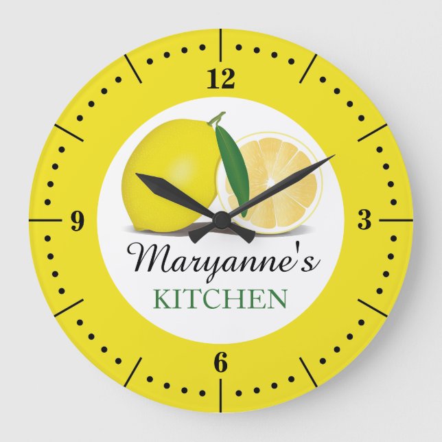Yellow Lemon Farmhouse Kitchen Custom Name Large Clock (Front)