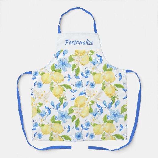 Yellow Lemon Fruit Blue Floral Personalized Design Apron (Front)