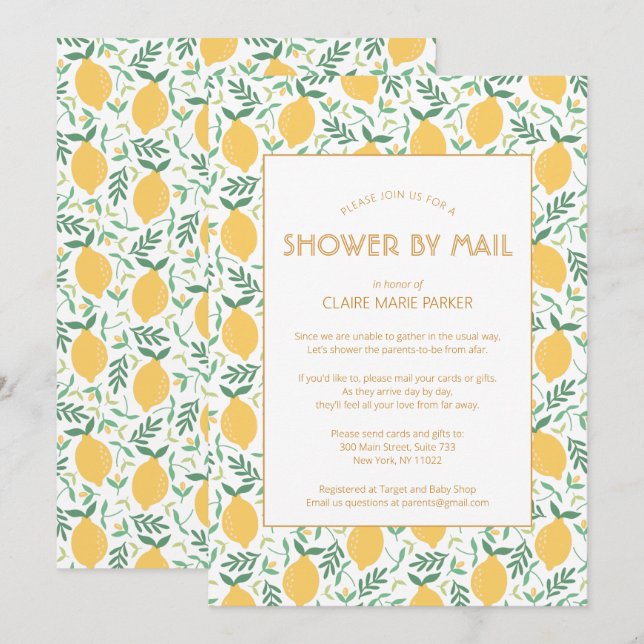 Yellow Lemon Fruit Foliage Baby Shower by Mail Invitation (Front/Back)