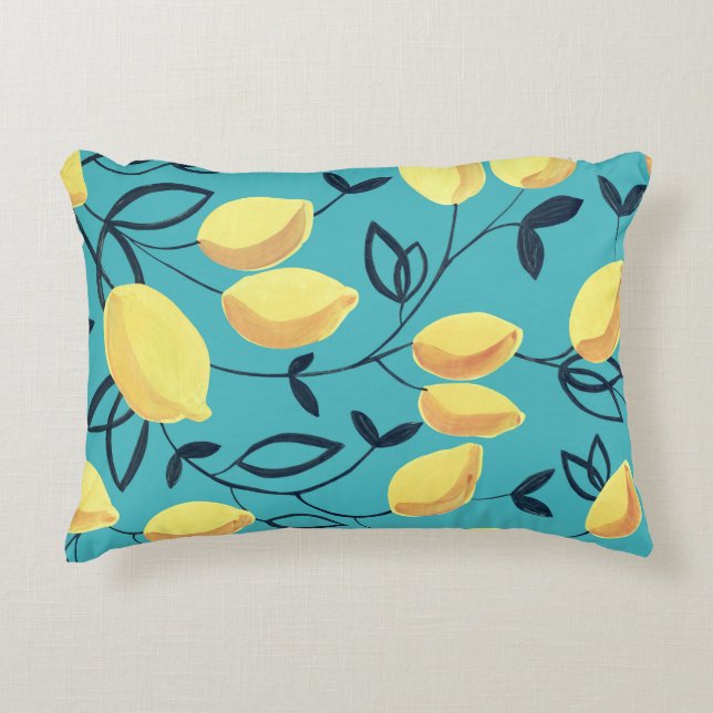 Yellow lemon gouache pattern on turquoise. accent pillow (Front)