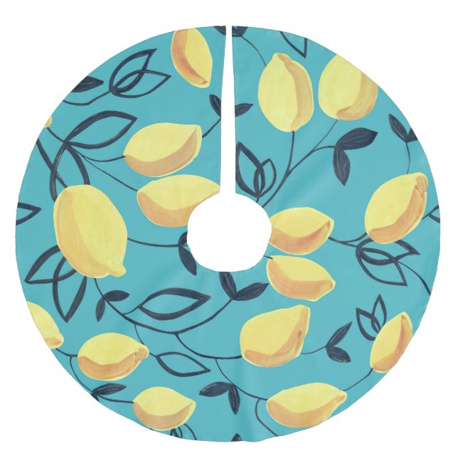 Yellow lemon gouache pattern on turquoise. brushed polyester tree skirt (Front)