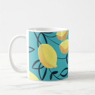 Yellow lemon gouache pattern on turquoise. coffee mug