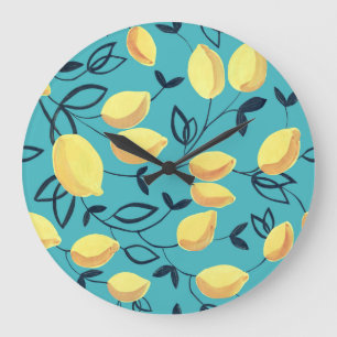 Yellow lemon gouache pattern on turquoise. large clock