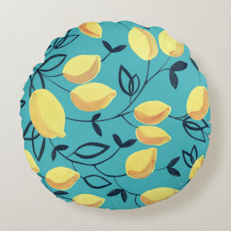 Yellow lemon gouache pattern on turquoise. round pillow