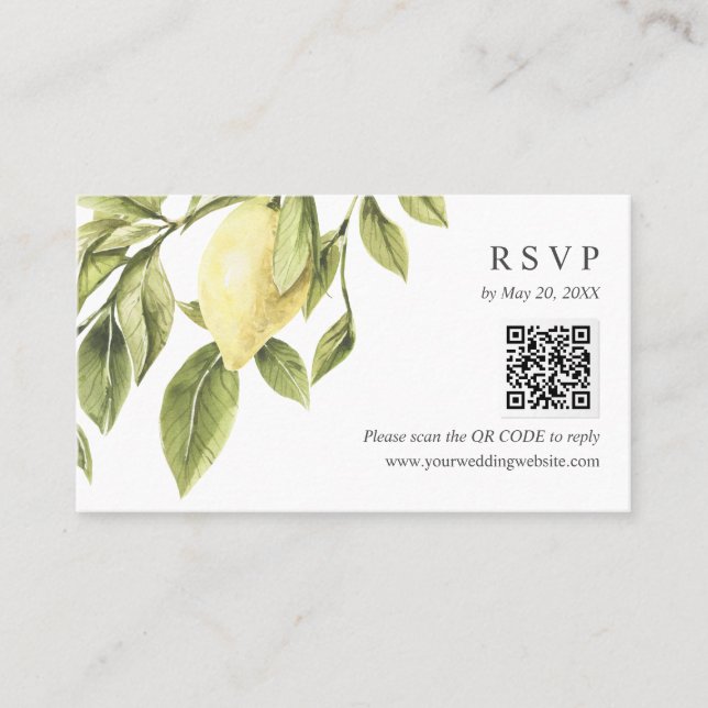 Yellow Lemon leaves Wedding  RSVP Online QR CODE  Business Card (Front)