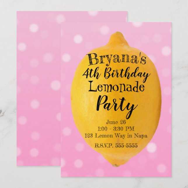 Yellow Lemon Lemonade Pink Birthday Party Invitation (Front/Back)