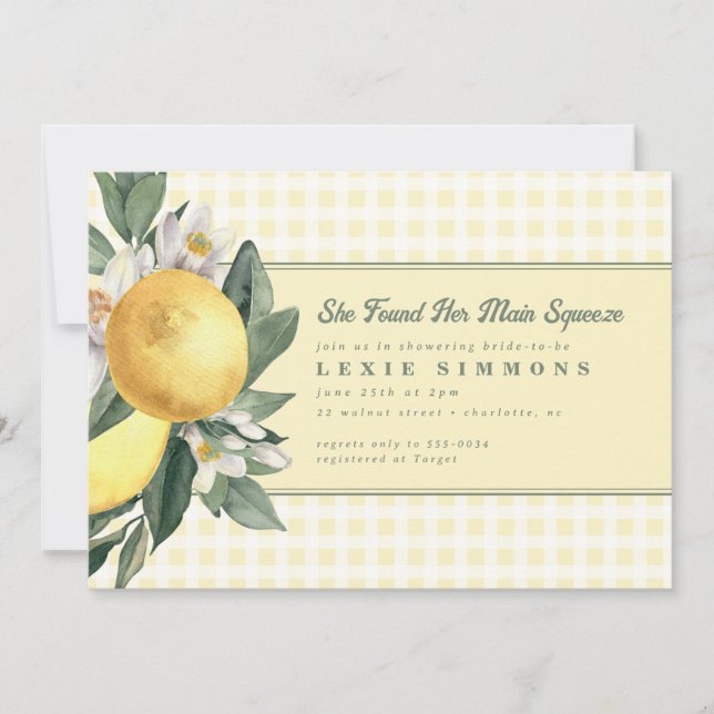 Yellow Lemon Main Squeeze Gingham Bridal Shower Invitation (Front)