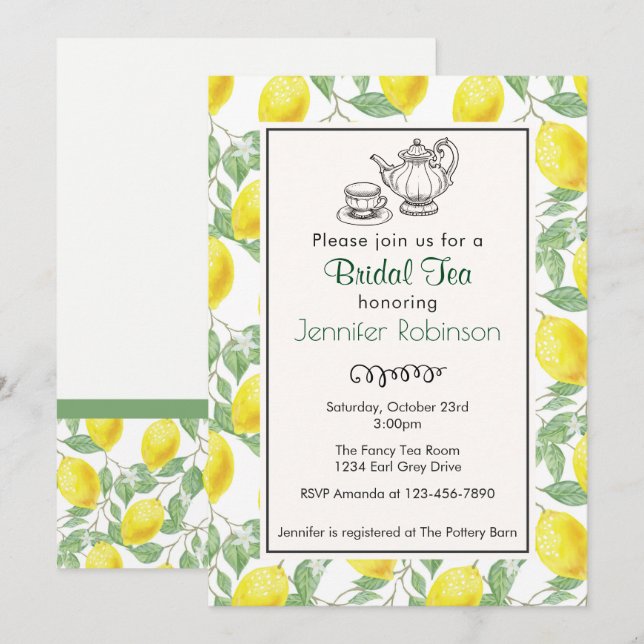 Yellow Lemon Pattern Bridal Tea Invite (Front/Back)