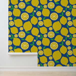 Yellow Lemon  Pattern on Blue  Wallpaper
