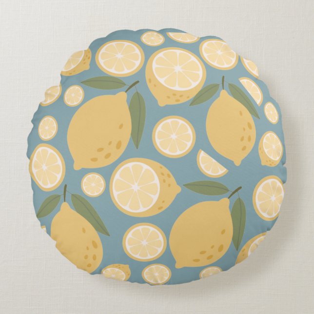 Yellow Lemon Seamless Pattern Round Pillow (Front)