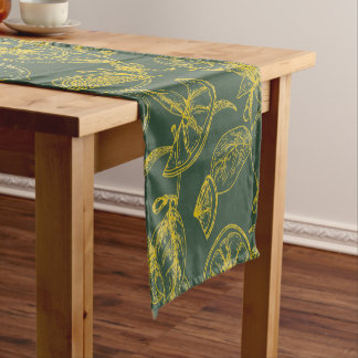 Yellow Lemon Sketch on Dark Green  Short Table Runner