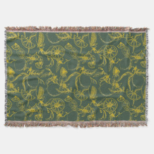 Yellow Lemon Sketch on Dark Green Throw Blanket