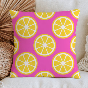 Yellow Lemon Slices on Pastel Pink Citrus Fruit Throw Pillow