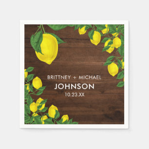 Yellow Lemon Watercolor Couple Wedding Rustic Wood Napkin