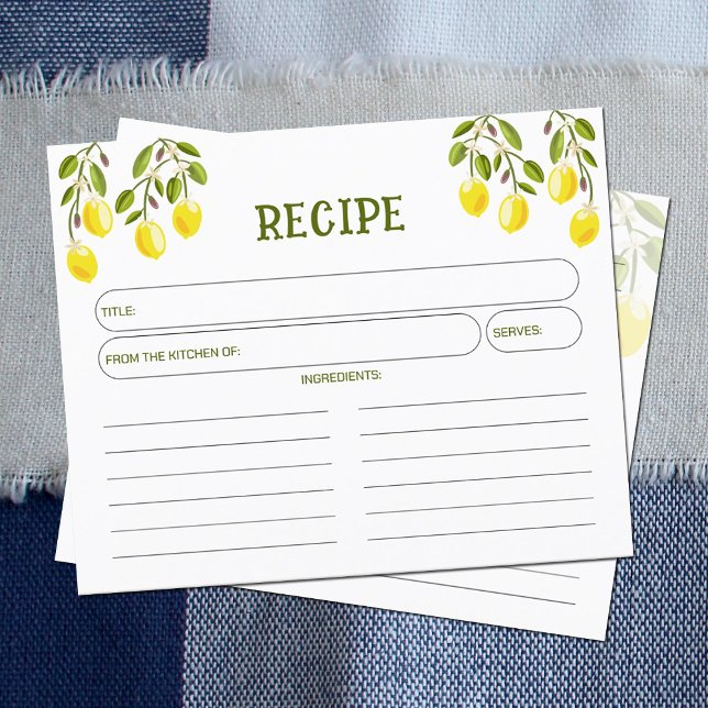 Yellow Lemon, Watercolor Kitchen Recipe Card (Creator Uploaded)