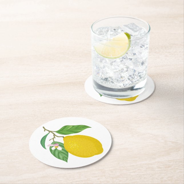 Yellow Lemon with Green Leaves and White Flower Round Paper Coaster (Insitu)