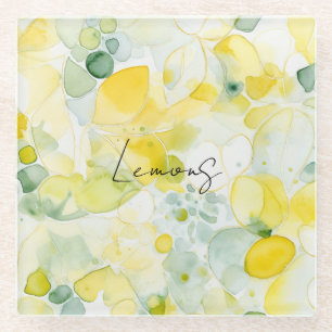 Yellow Lemons Abstract Glass Coaster