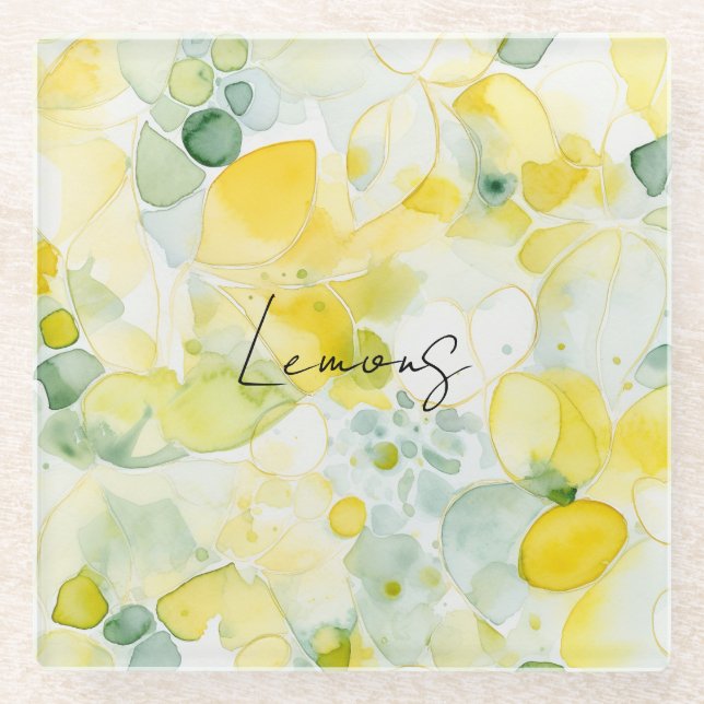 Yellow Lemons Abstract Glass Coaster (Front)