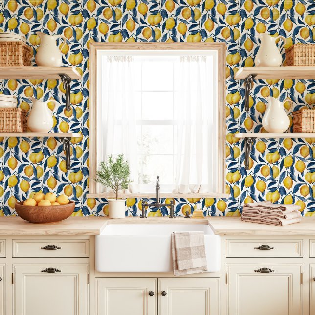 Yellow Lemons and Blue Leaves Kitchen Wallpaper (Creator Uploaded)
