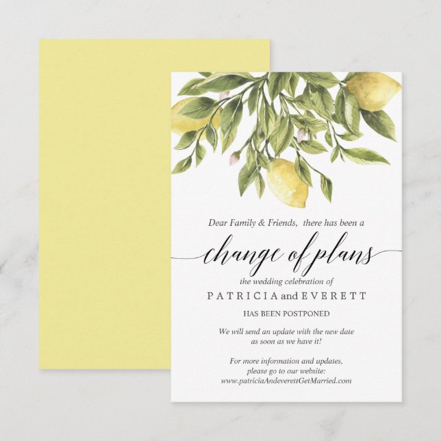 Yellow Lemons and Foliage Wedding Change of Plans Invitation (Front/Back)