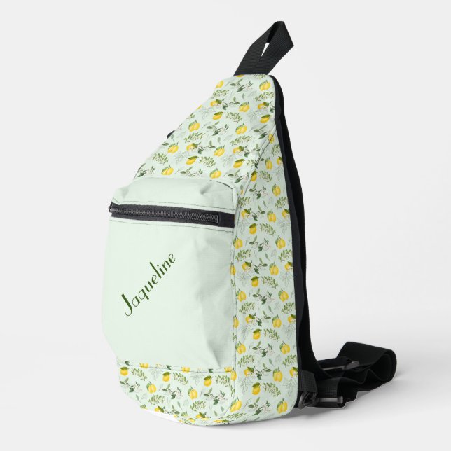 Yellow Lemons and Leaves on Green Background Sling Bag (Right Corner)