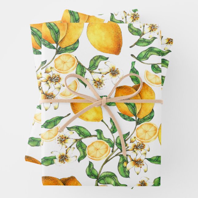 Yellow Lemons and Lemon Flowers Beautiful Wrapping Paper Sheet (In situ)