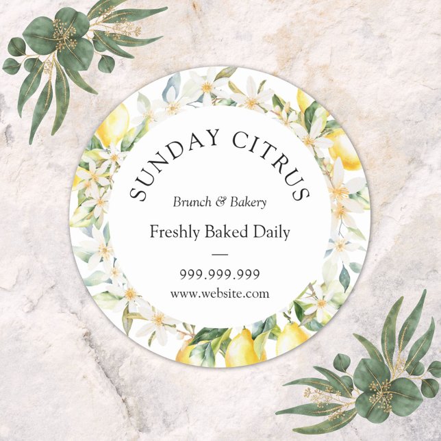 Yellow Lemons and White Flowers Floral Wreath Classic Round Sticker (In situ)