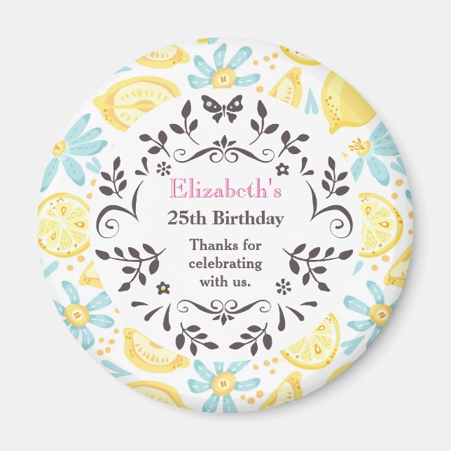 Yellow Lemons & Blue Flowers Birthday Thank You Magnet (Front)