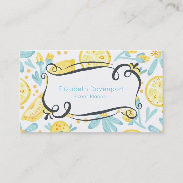Yellow Lemons & Blue Flowers Event Planner Business Card (Front)