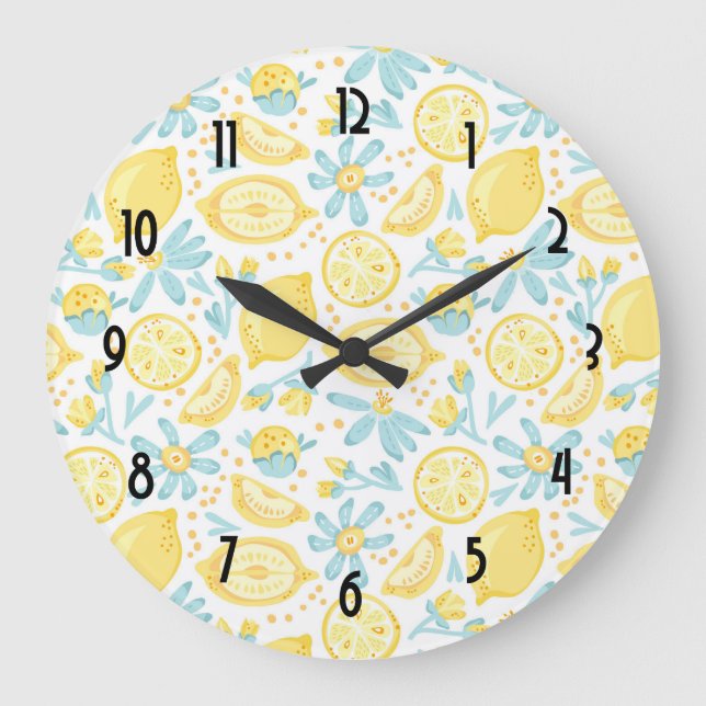 Yellow Lemons & Blue Flowers Illustrated Pattern Large Clock (Front)