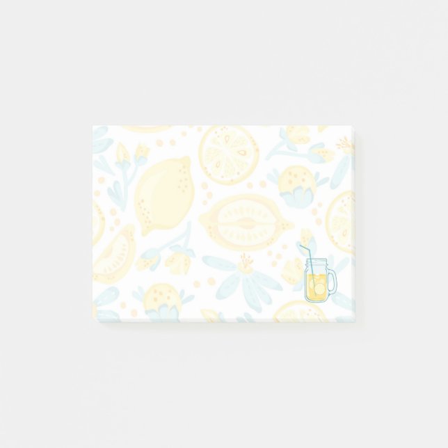 Yellow Lemons & Blue Flowers Illustrated Pattern Post-it Notes (Front)