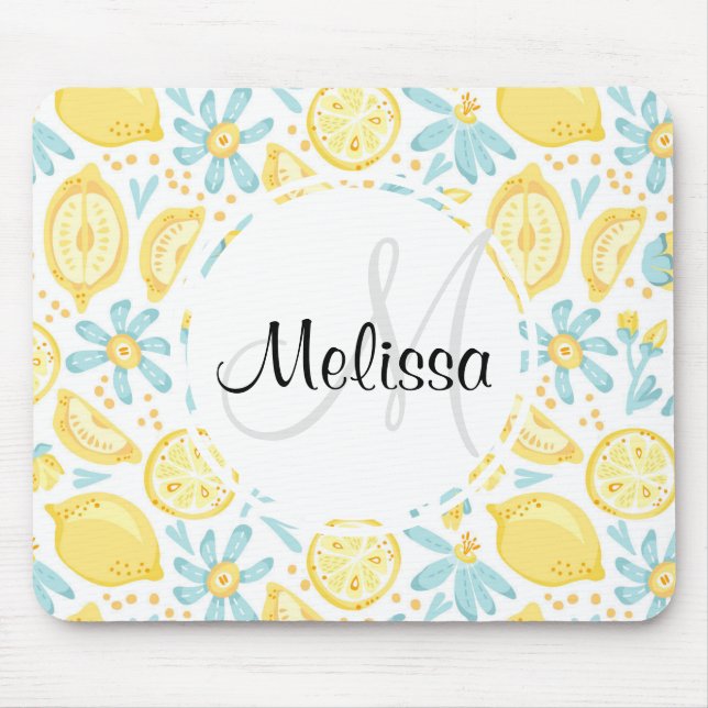 Yellow Lemons & Blue Flowers Pattern Monogram Mouse Pad (Front)