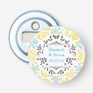 Yellow Lemons & Blue Flowers Wedding Date Bottle Opener