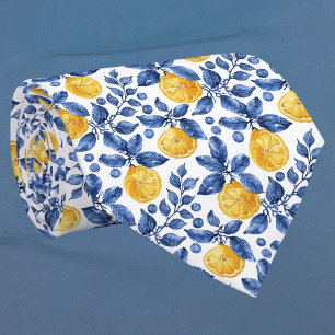 Yellow Lemons Blue Foliage Mediterranean Amalfi Tie