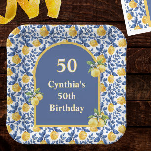 Yellow Lemons Blue Mediterranean Amalfi Birthday Paper Plate