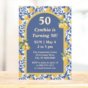 Yellow Lemons Blue Mediterranean Amalfi Initial Invitation