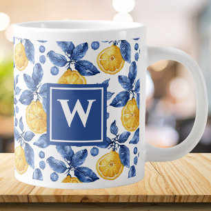 Yellow Lemons Blue Mediterranean Amalfi Initial Large Coffee Mug