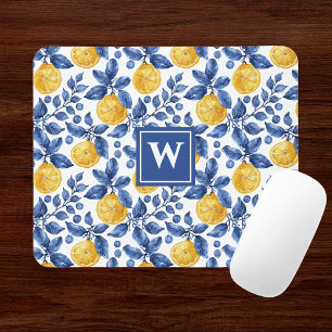 Yellow Lemons Blue Mediterranean Amalfi Initial Mouse Pad