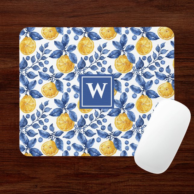 Yellow Lemons Blue Mediterranean Amalfi Initial Mouse Pad (Creator Uploaded)
