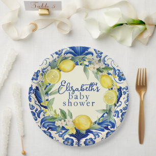 Yellow Lemons Blue Tile Lemon Baby Shower Paper Plate