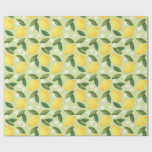 Yellow Lemons, Green Leaves and White Flowers Wrapping Paper