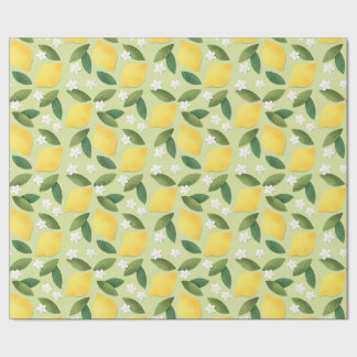 Yellow Lemons, Green Leaves and White Flowers Wrapping Paper