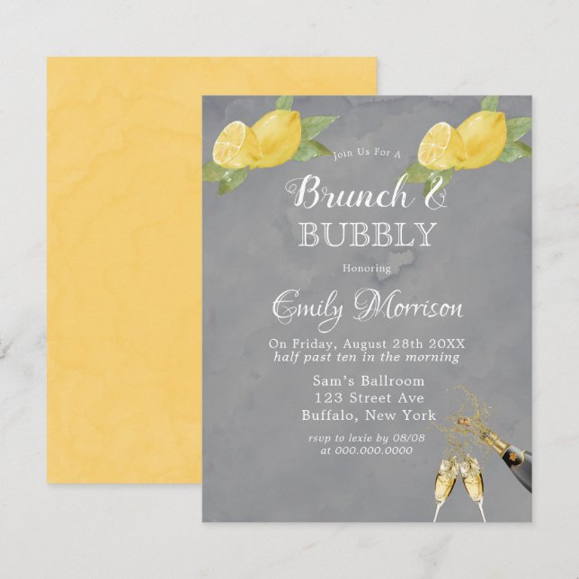 Yellow Lemons Grey Paint Champagne Brunch & Bubbly Invitation (Front/Back)