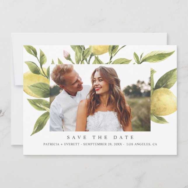 Yellow Lemons Grey Wedding Photo save the date Announcement (Front)
