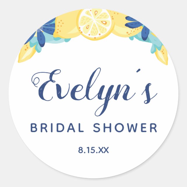 Yellow Lemons Mint Green and Blue Bridal Shower Classic Round Sticker (Front)