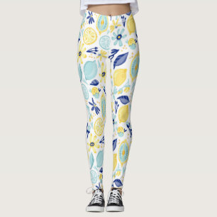 Yellow Lemons Mint Green and Blue Patterned Print Leggings