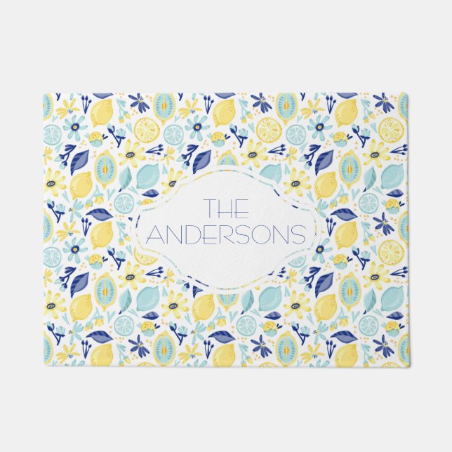 Yellow Lemons Mint Green and Blue Personalized Doormat (Front)