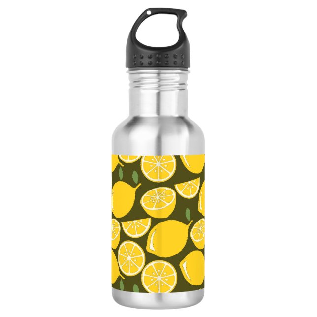 Yellow Lemons & Olive Green Pattern: Modern Citrus 532 Ml Water Bottle (Front)