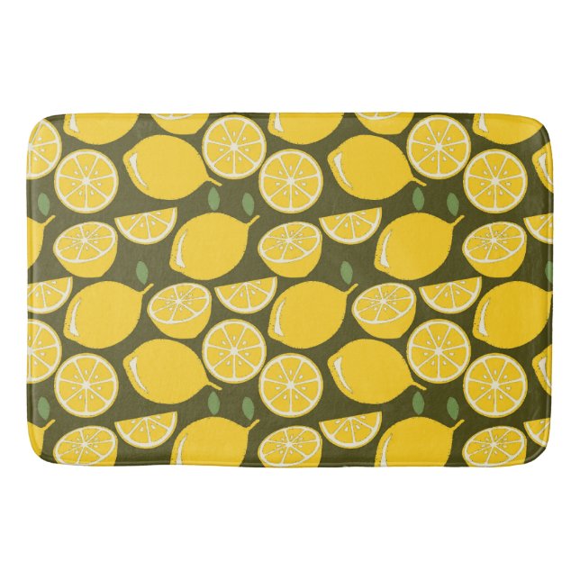 Yellow Lemons & Olive Green Pattern: Modern Citrus Bath Mat (Front)